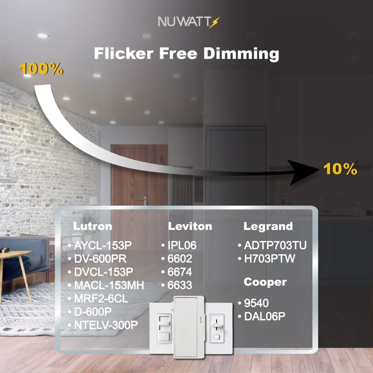 NUWATT NW-P-DL-6-15W-5CT-BN-12P Panel Downlight 6.88'' Selectable Color Temperature Dimmable Air-Tight IC Rated LED Canless Recessed Lighting Kit (Set of 12)