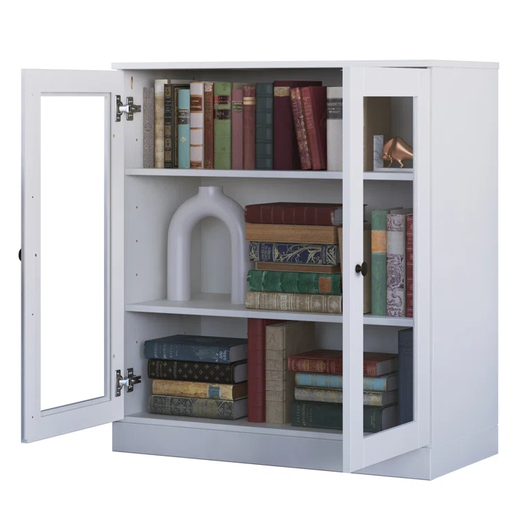 100% Solid Wood 3-Shelf Bookcase with Clear Glass Doors and Adjustable Shelves