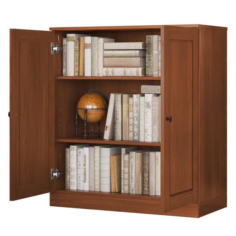 100% Solid Wood 3-Shelf Bookcase with Solid Doors and Adjustable Shelves
