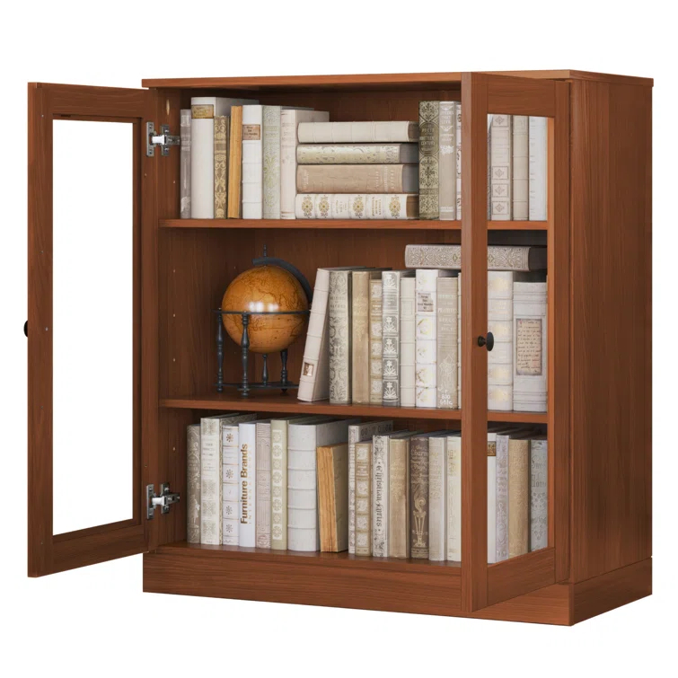 100% Solid Wood 3-Shelf Bookcase with Clear Glass Doors and Adjustable Shelves