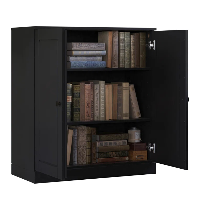 100% Solid Wood 3-Shelf Bookcase with Solid Doors and Adjustable Shelves