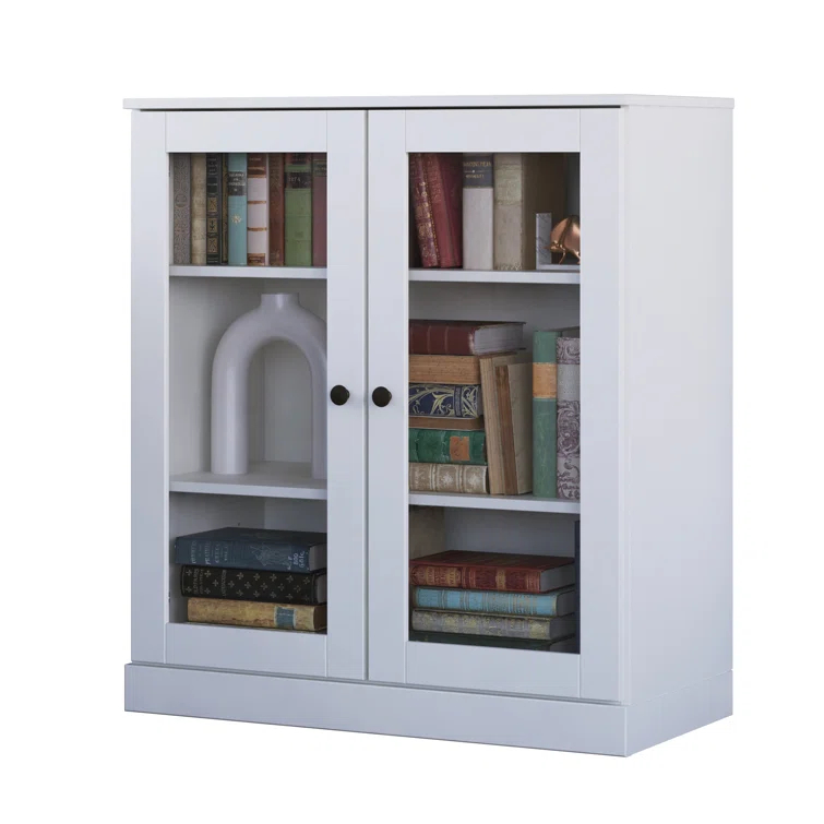 100% Solid Wood 3-Shelf Bookcase with Clear Glass Doors and Adjustable Shelves