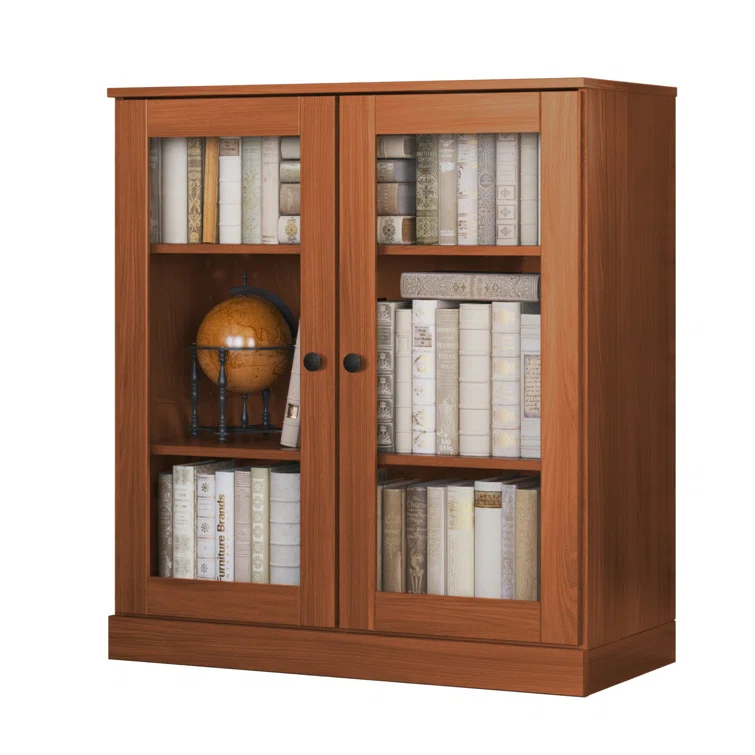 100% Solid Wood 3-Shelf Bookcase with Clear Glass Doors and Adjustable Shelves