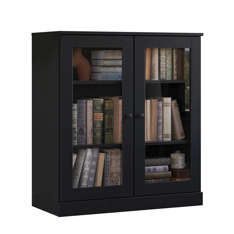 100% Solid Wood 3-Shelf Bookcase with Clear Glass Doors and Adjustable Shelves