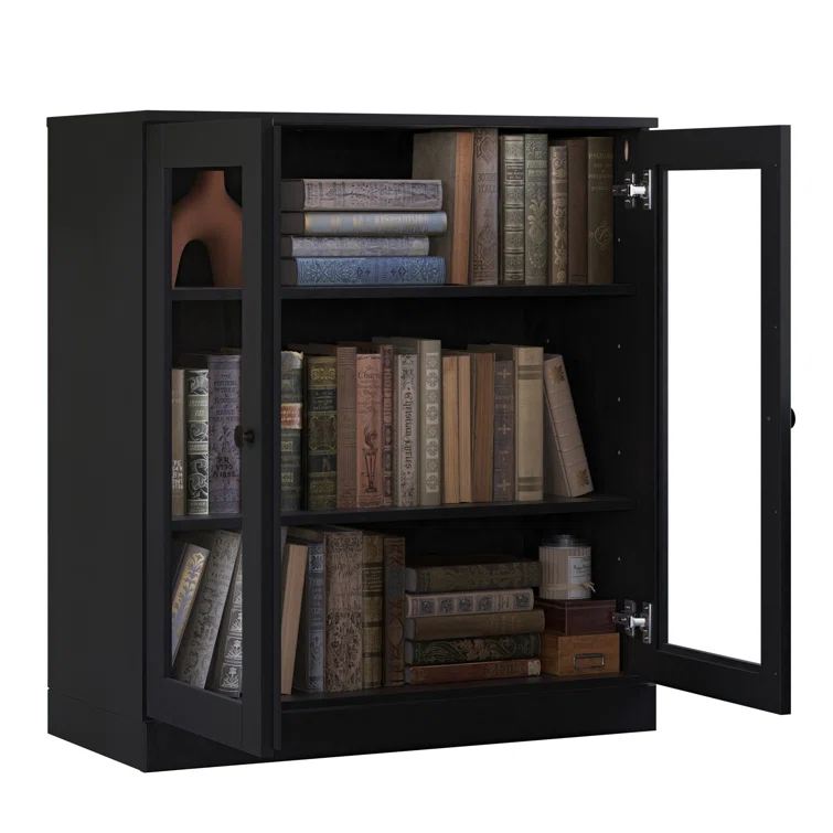 100% Solid Wood 3-Shelf Bookcase with Clear Glass Doors and Adjustable Shelves