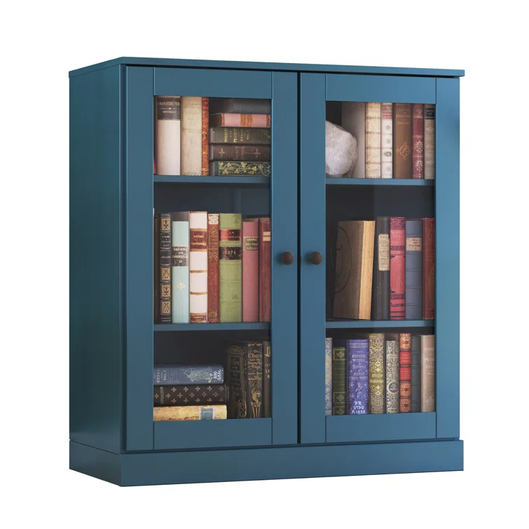 100% Solid Wood 3-Shelf Bookcase with Clear Glass Doors and Adjustable Shelves