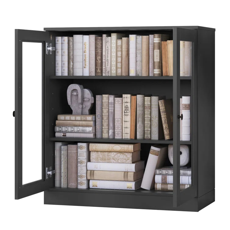100% Solid Wood 3-Shelf Bookcase with Clear Glass Doors and Adjustable Shelves