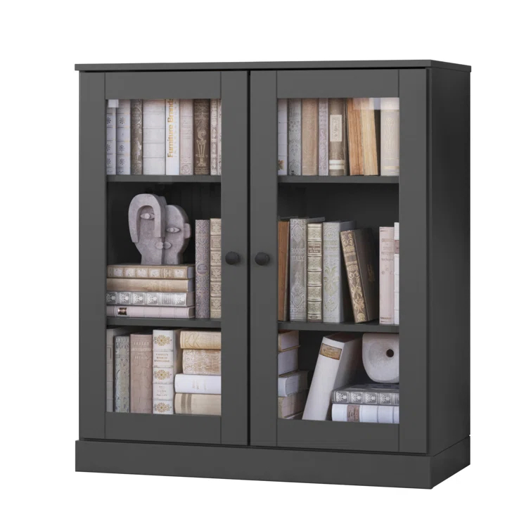 100% Solid Wood 3-Shelf Bookcase with Clear Glass Doors and Adjustable Shelves
