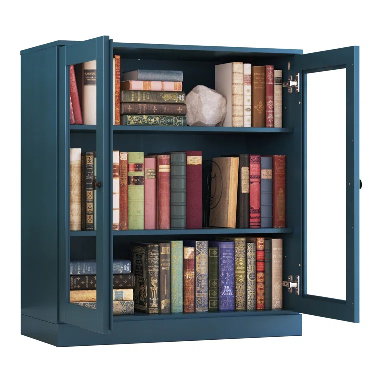 100% Solid Wood 3-Shelf Bookcase with Clear Glass Doors and Adjustable Shelves
