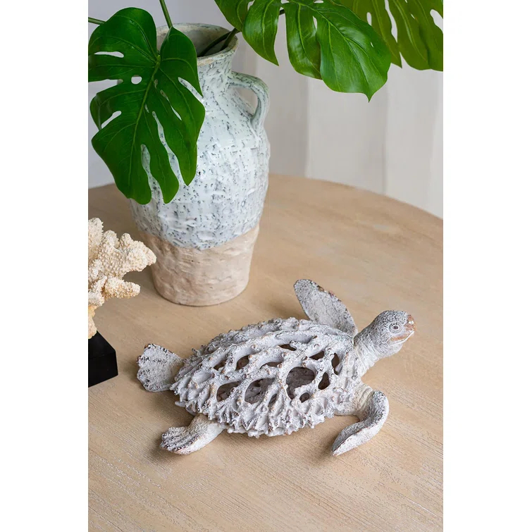 White Coral Reef Sea Turtle Resin Statue 13" x 12"