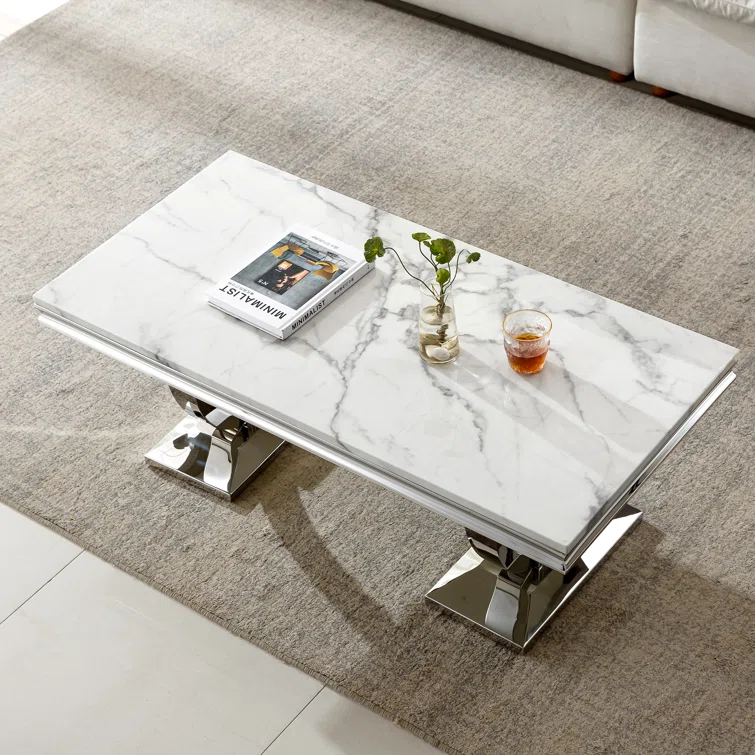 Rectangle Marble Coffee Table With Stainless Steel Base