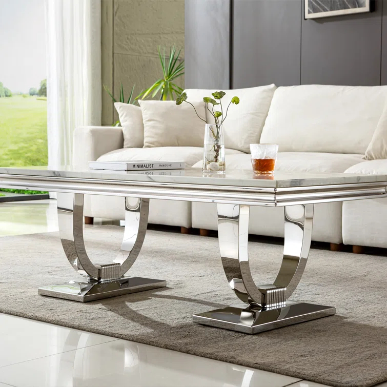 Rectangle Marble Coffee Table With Stainless Steel Base