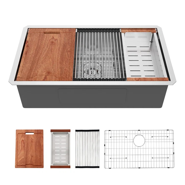 Sarlai S-LUS3319A1 33" L x 19" W Undermount Kitchen Sink Single Bowl 16 Guage Stainless Steel Workstation Sink with Accessories