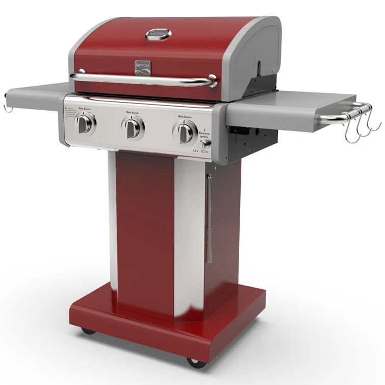 Kenmore 3-Burner Propane Gas Grill with Foldable Side Tables for Outdoor BBQ