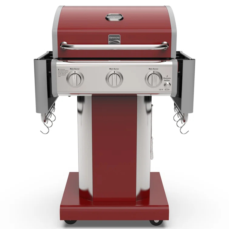 Kenmore 3-Burner Propane Gas Grill with Foldable Side Tables for Outdoor BBQ