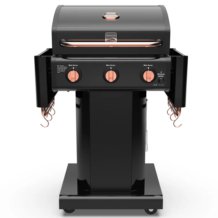 Kenmore 3-Burner Propane Gas Grill with Foldable Side Tables for Outdoor BBQ