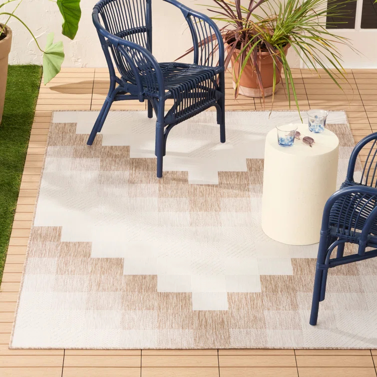 NICOLE MILLER NEW YORK Patio Country Ombre Chevron Outdoor Area Rug, Beige/Cream