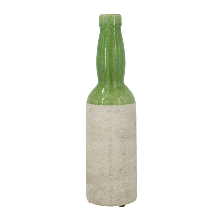 Dakota Fields Ceramic Bottle Vase with Deep Green and Earthy Tan Finish