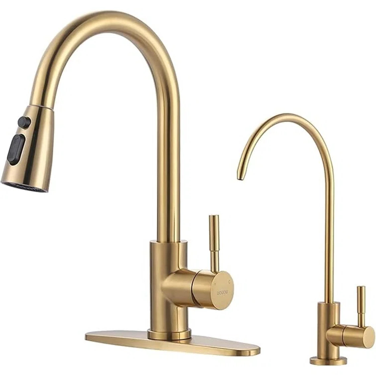 Kitchen Faucet and Water Filter Faucet Combo, WOWOW Stainless Steel Kitchen Sink Faucet with Drinking Water Faucet for Reverse Osmosis or Water Filtration System, Brushed Gold