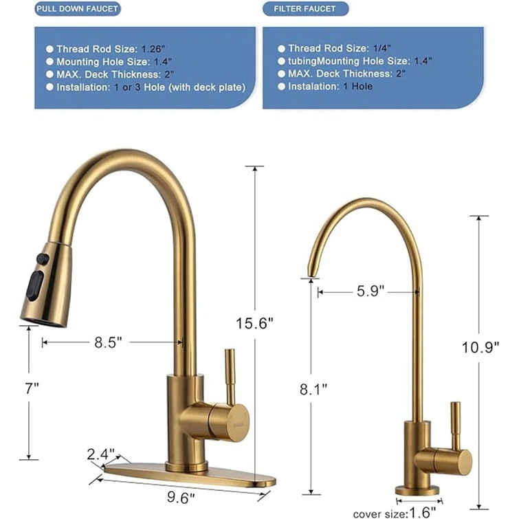 Kitchen Faucet and Water Filter Faucet Combo, WOWOW Stainless Steel Kitchen Sink Faucet with Drinking Water Faucet for Reverse Osmosis or Water Filtration System, Brushed Gold