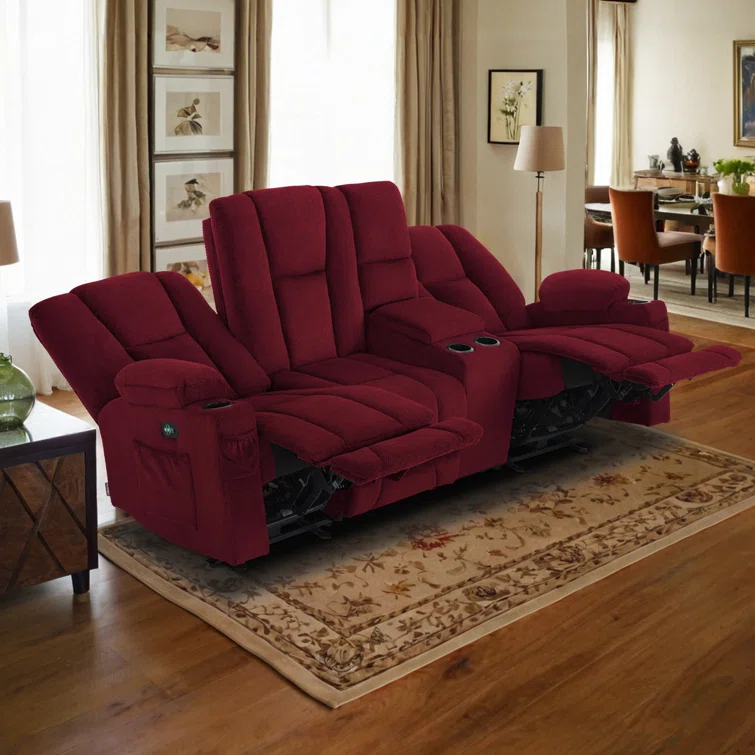 Power Reclining Sofa with Heat and Massage, USB Ports, Cup Holders, 3-Seat Dual Recliner Sofa