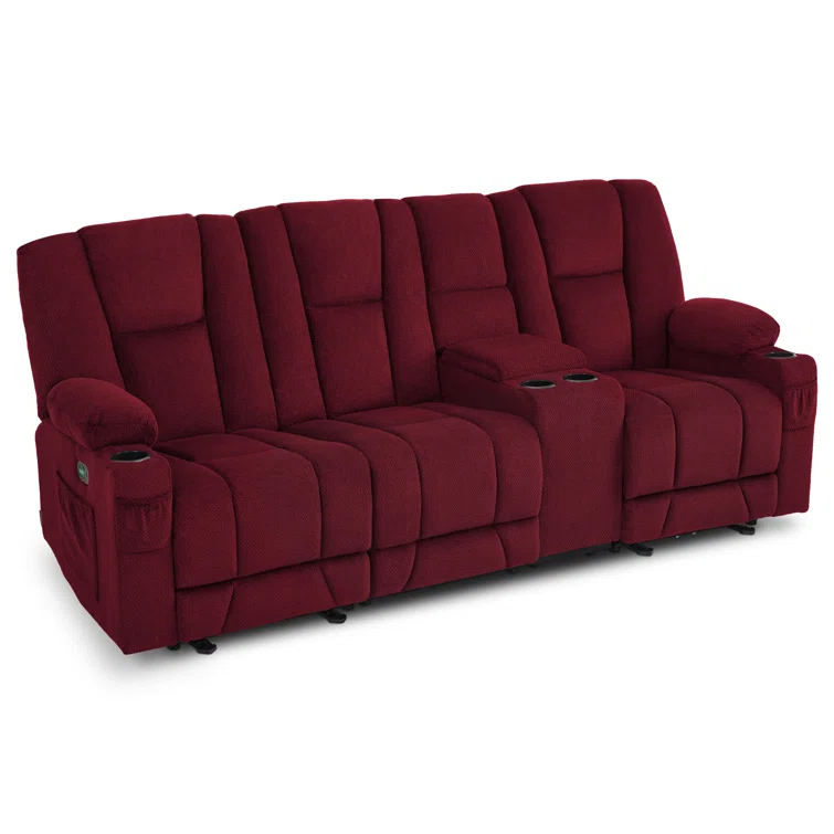 Power Reclining Sofa with Heat and Massage, USB Ports, Cup Holders, 3-Seat Dual Recliner Sofa