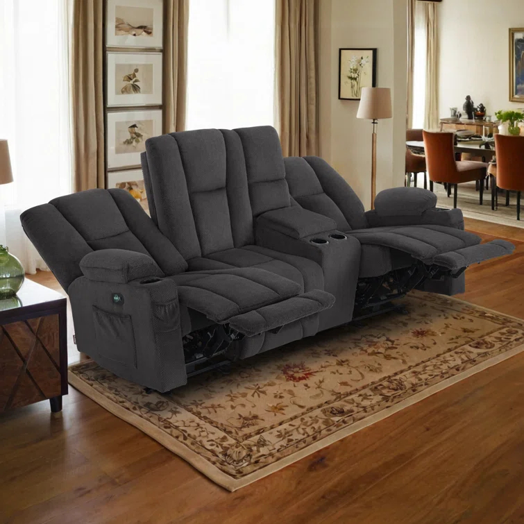 Power Reclining Sofa with Heat and Massage, USB Ports, Cup Holders, 3-Seat Dual Recliner Sofa