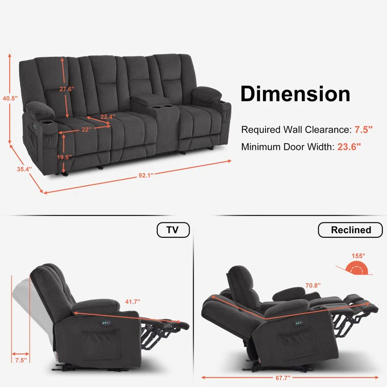 Power Reclining Sofa with Heat and Massage, USB Ports, Cup Holders, 3-Seat Dual Recliner Sofa