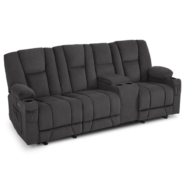 Power Reclining Sofa with Heat and Massage, USB Ports, Cup Holders, 3-Seat Dual Recliner Sofa
