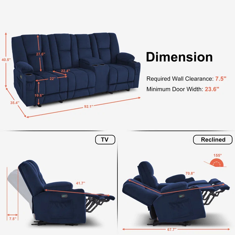Power Reclining Sofa with Heat and Massage, USB Ports, Cup Holders, 3-Seat Dual Recliner Sofa