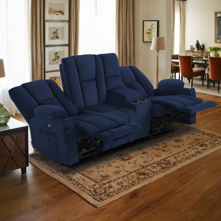 Power Reclining Sofa with Heat and Massage, USB Ports, Cup Holders, 3-Seat Dual Recliner Sofa