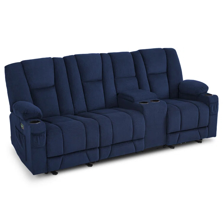 Power Reclining Sofa with Heat and Massage, USB Ports, Cup Holders, 3-Seat Dual Recliner Sofa