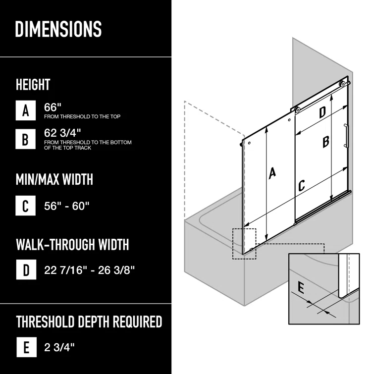 Elan 56-60" W x 66" H Sliding Frameless Tub Door with 3/8" Clear Glass