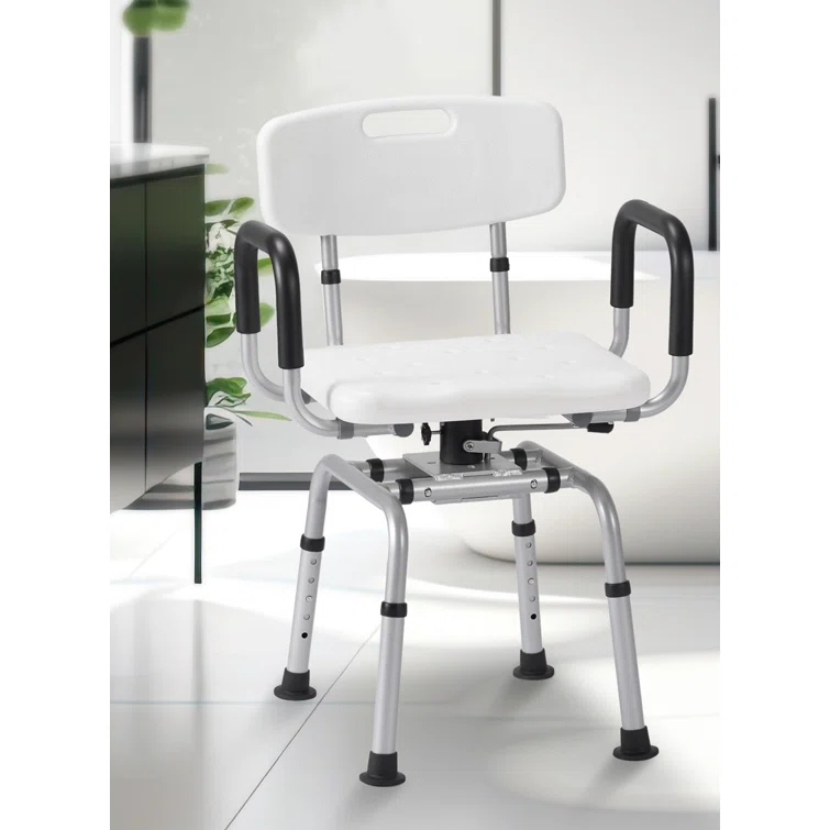 MARNUR 360 Degree Swivel Shower Chair, Adjustable Height Rotating Seat Bathtub Chair With Armrests And Back, White DR3194