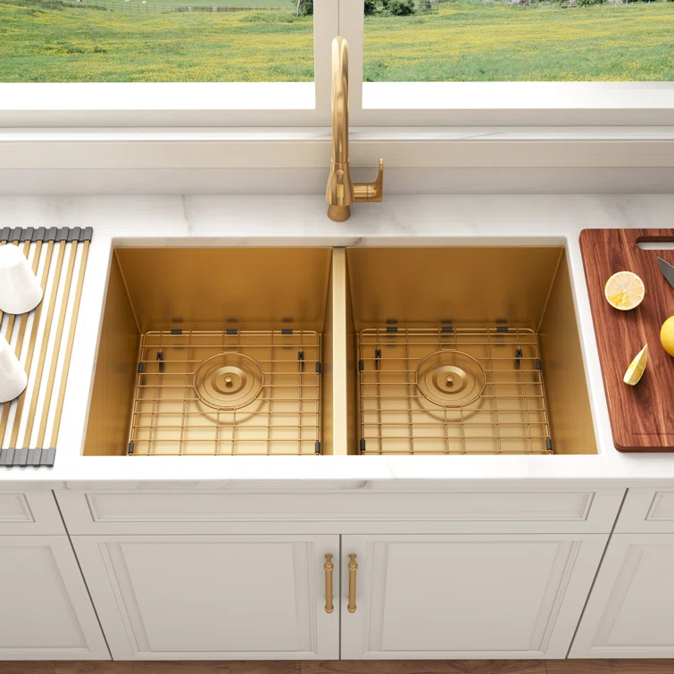 Blenzia 32 Inch Gold Double Bowl Kitchen Sink Undermount 50/50 Stainless Steel 16 Gauge Sinks 32" X 18" X 10"