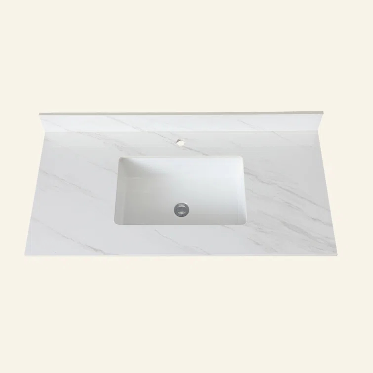 Tech Cube 43 Inch Marble Vanity Top, White Vanity Top With Pre-Drilled Faucet Holes, Bathroom Vanity Top With Undermount Rectangular Middle Sink And 4" Height Backsplash,  Bianco Carrara Venato TCYX14547A