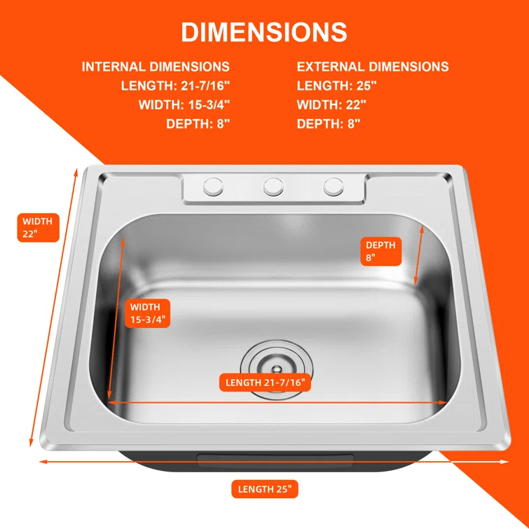 Blenzia 25 Inch Topmount Drop In Kitchen Sink 304 Stainless Steel Sinks 25" X 22" X 8"