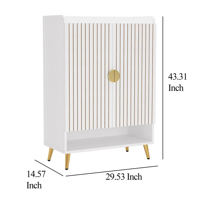 Shoe Cabinet, 2 Doors, 6 Tier Shelves, Gold Metal, White 43 Inch