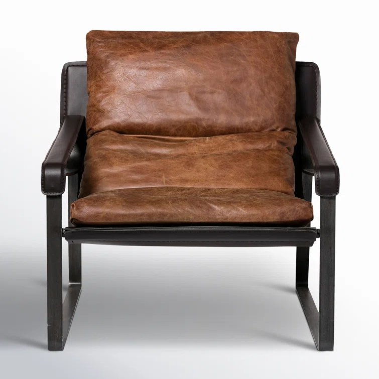 Cappuccino Genuine Leather Accent Chair with Metal Frame