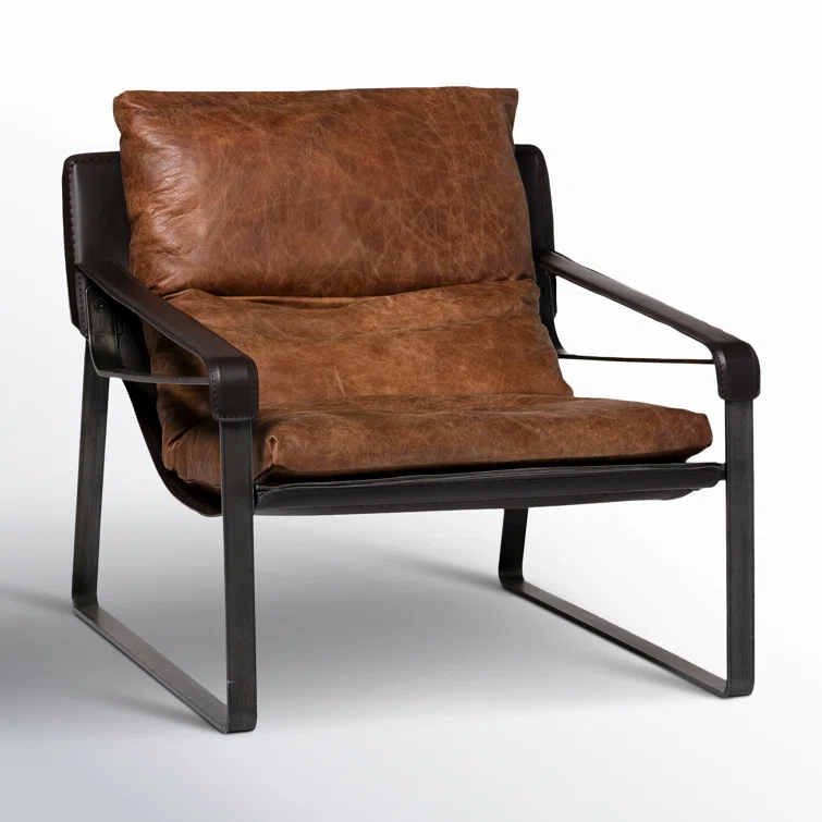 Cappuccino Genuine Leather Accent Chair with Metal Frame