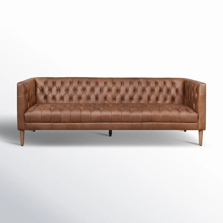 90" Brown Tufted Leather Stationary Sofa