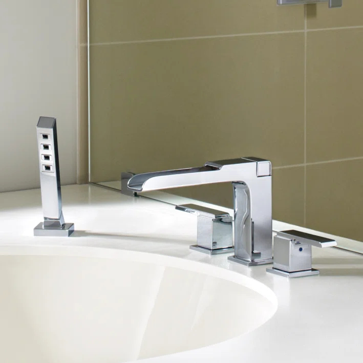 Ara Double Handle Deck Mounted Roman Tub Faucet Trim with Handshower
