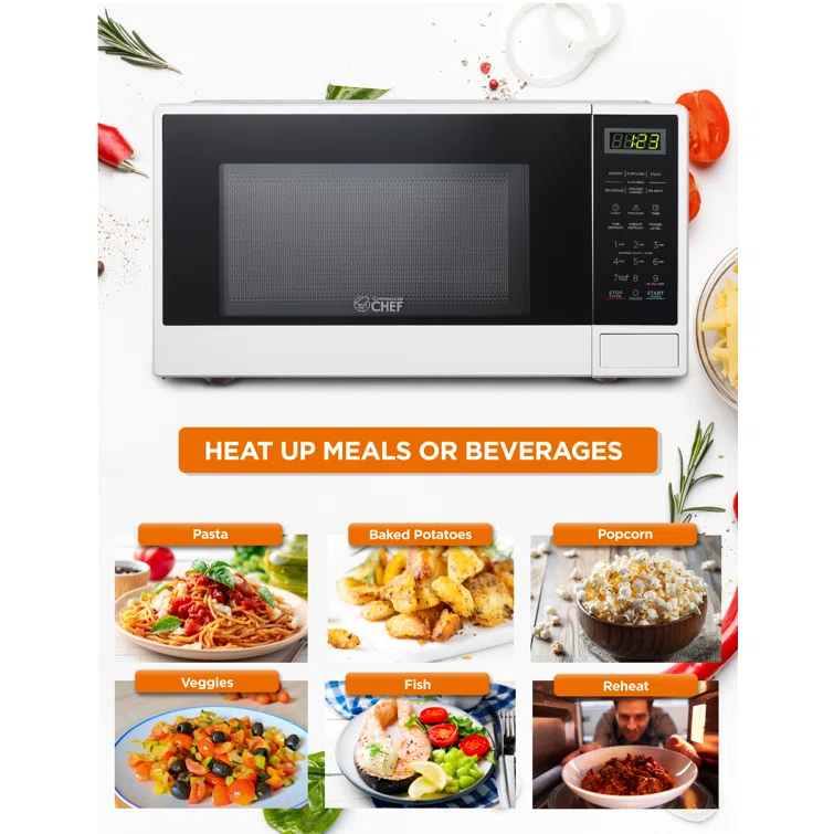 COMMERCIAL CHEF 1.1 Cu Ft Microwave with 10 Power Levels, Small Microwave with Push Button