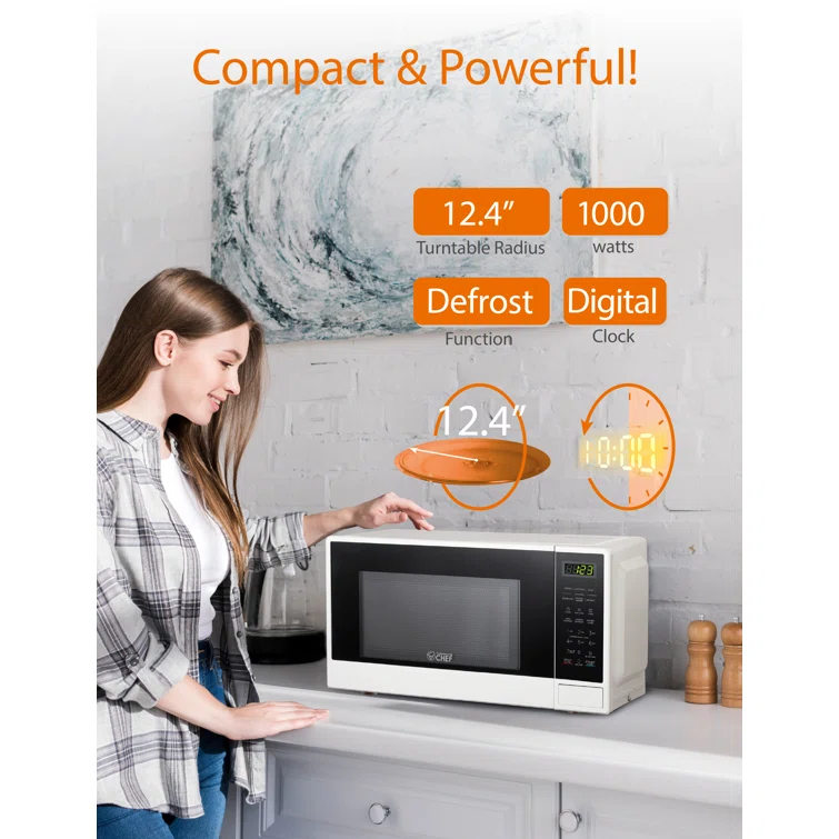 COMMERCIAL CHEF 1.1 Cu Ft Microwave with 10 Power Levels, Small Microwave with Push Button