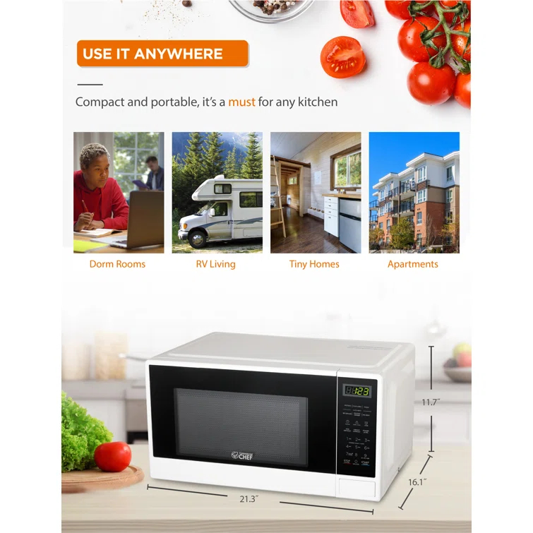 COMMERCIAL CHEF 1.1 Cu Ft Microwave with 10 Power Levels, Small Microwave with Push Button