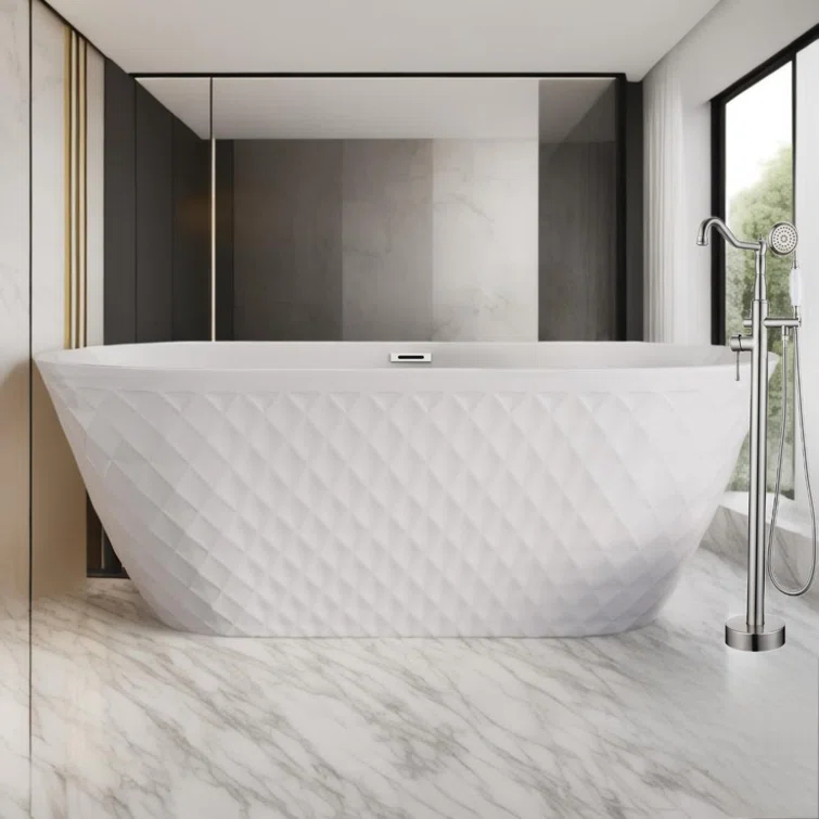 Aguamaph 67" x 31" Acrylic Freestanding Bathtub with Diamond Wave Pattern with Chrome Drain & Overflow T7052886731CW