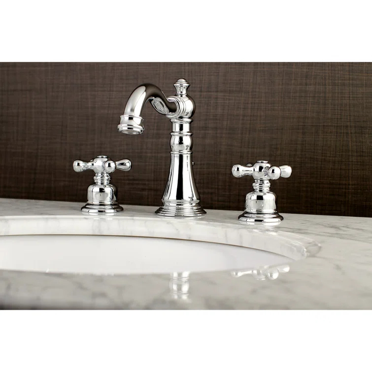Kingston Brass American Classic Two-Handle 3-Hole Deck Mount Widespread Bathroom Faucet with Pop-Up Drain