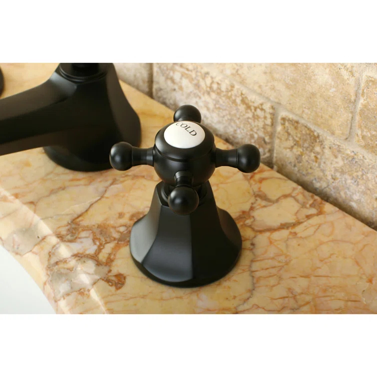 Kingston Brass Metropolitan Two-Handle 3-Hole Deck Mount Widespread Bathroom Faucet with Brass Pop-Up Drain