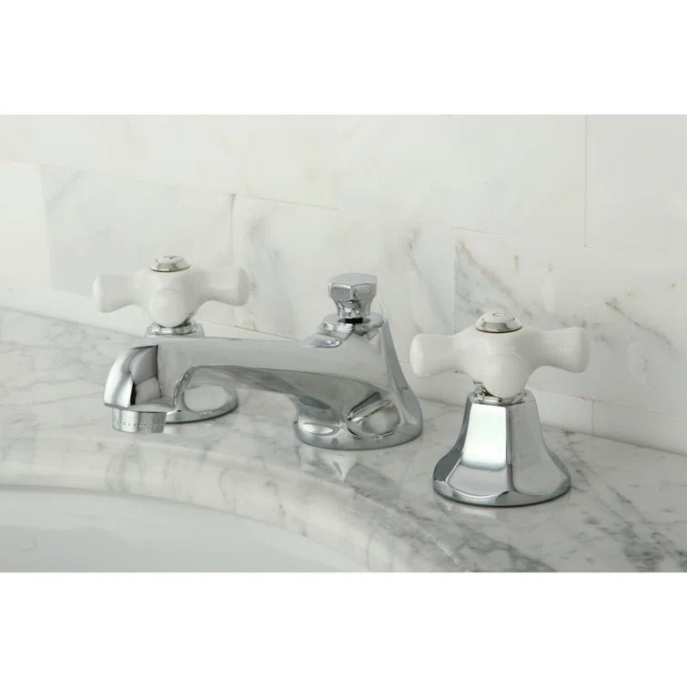 Kingston Brass Metropolitan Two-Handle 3-Hole Deck Mount Widespread Bathroom Faucet with Brass Pop-Up Drain