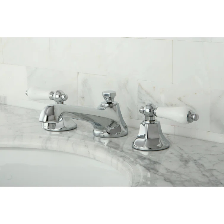 Kingston Brass Metropolitan Two-Handle 3-Hole Deck Mount Widespread Bathroom Faucet with Brass Pop-Up Drain